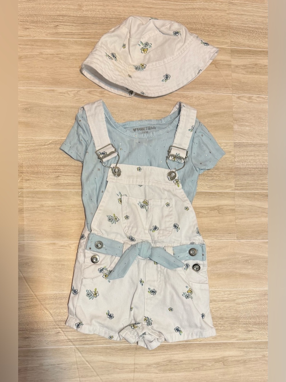 Nannette Light Blue Tee with White Floral Short Overalls and Hat